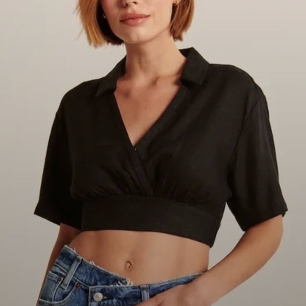 Abercrombie & Fitch Linen Cropped Wrap Top Black L NWOT